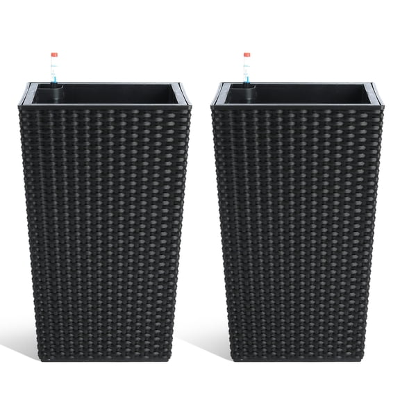 2 Pcs Wicker All-Weather Planter Set Heavy Duty Tall Planters for Outdoor Plants Modern Design, Built-in Drainage, Front Porch Decorfor Outdoors Patio Herb Garden Furnishings,Black,16 in