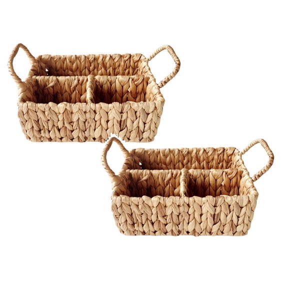 2 Pcs Wicker Basket with Handles, 3 Compartment Divided Storage Basket Natural Water Hyacinth Organizer for Diaper Essentials, Kitchen Utensils, Bathroom, 10.2"x7.9"x3.9"