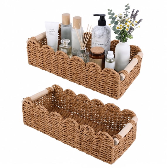 2 Pcs Wicker Baskets with Wood Handles, Toilet Paper Basket, Handmade Woven Rectangular Storage for Bathroom, Home Sundries Storage (Brown S+L)