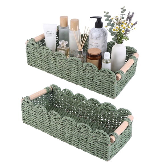 2 Pcs Wicker Baskets with Wood Handles, Toilet Paper Basket, Handmade Woven Rectangular Storage for Bathroom, Home Sundries Storage (Green S+L)