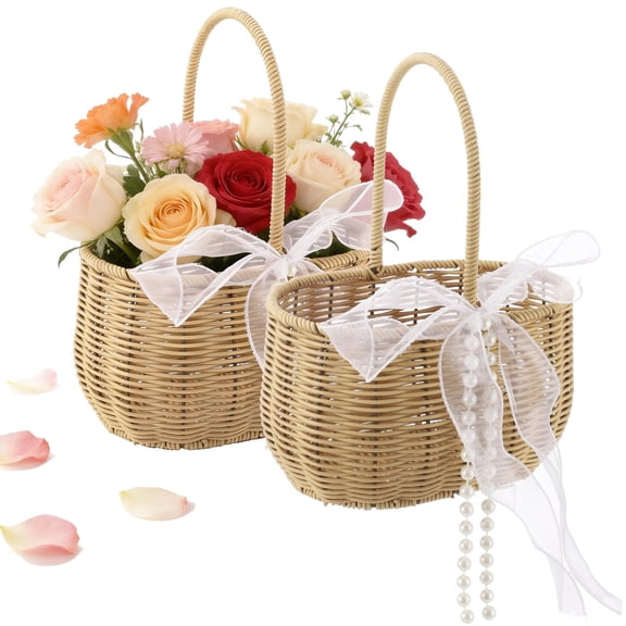 2 Pcs Wicker Flower Baskets, Woven Rattan Wedding Baskets with Pearl Chain and Sheer Bow, Rustic Oval Wicker Petal Holders for Ceremony Aisle, Bridal Shower, Easter Party