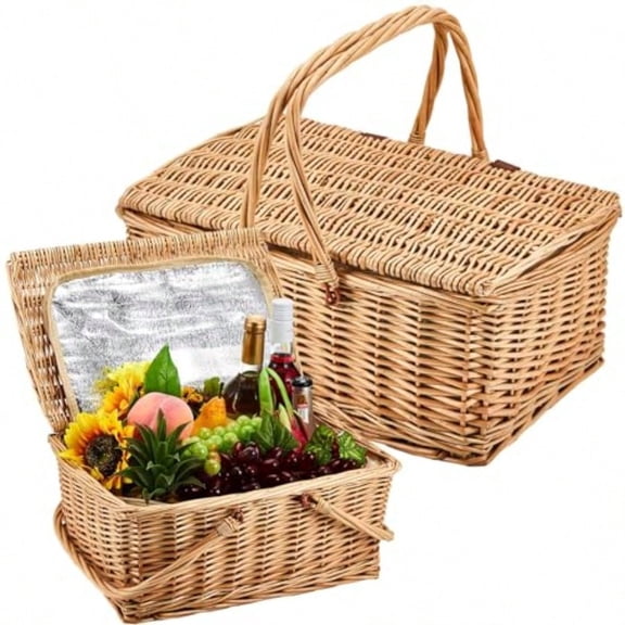 2 Pcs Wicker Picnic Basket With Insulated Cooler Bag Lids Vintage Picnic Hamper With Folding Woven Handle For Camping Summer Outdoor Beach Valentine Party Gift