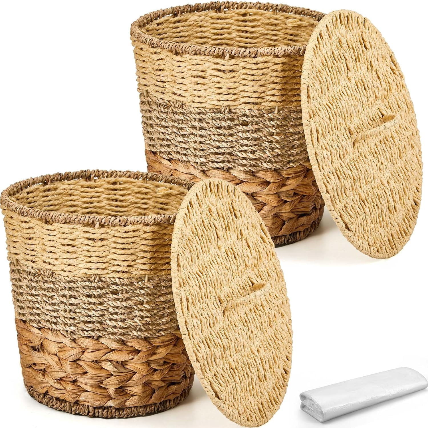 erfhjkm 2 Pcs Wicker Trash Can Basket Woven Waste Basket with Lid ...