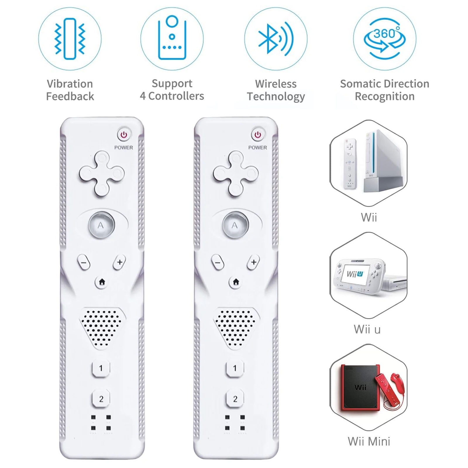 2 Pcs Wii Remote Controller, Wireless Remote Gamepad Controller with Wrist Strap Built in Motion Controller for Nintend Wii, White