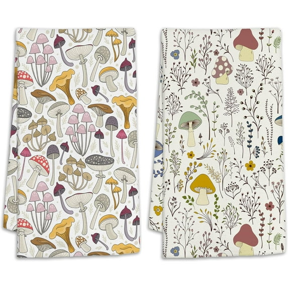 2 Pcs Wild Plants and Mushroom Retro Kitchen Towels,Dish Towels for Kitchen Drying,Soft Absorbent Decorative Hand Towels for Cooking Housewarming Gift