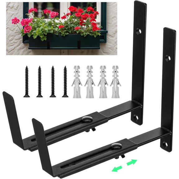 2 Pcs Window Box Brackets, Adjustable Window Planter Box Brackets, Heavy Duty Iron Flower Box Brackets for Railings, with Enhanced Bottom Support - Perfect for Balconies, Fences, Gardens