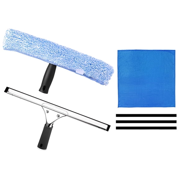2 Pcs Window Cleaning Kit, Rubber Squeegee with Microfiber Glass Cleaner, 14.6 in / 37 cm Wiper & 13.8 in / 35 cm Scraper, 6 Replacement Rubber Strips, Multipurpose for Bathroom, Mirror