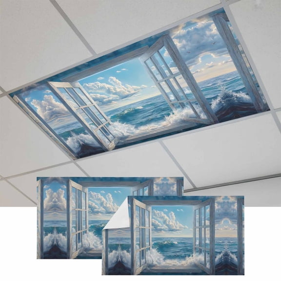 2 Pcs Window On The Ocean Fluorescent Light Covers Wave Cloud Magnetic Light Covers for Ceiling Lights 4 x 2 ft Drop Ceiling Lights Cover Shade for Office, Home, Hospital