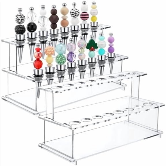 2 Pcs Wine Bottle Stopper Display Stairs 16 Slot Clear Acrylic 2 Tier Riser Wine Stopper Holder Wine Stopper Display Stand Rack for Countertop, 9.45''L x 4.72''H x 3.94''W