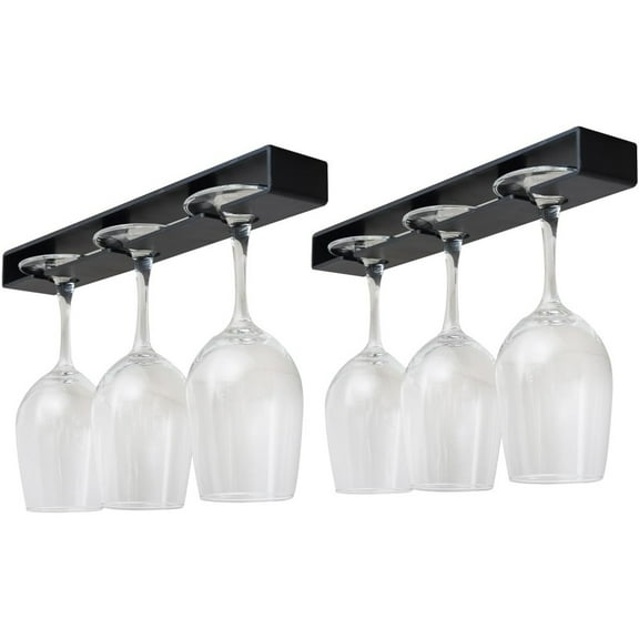 2 Pcs Wine Glass Holder,No Drilling Wine Glass Hanger,Stemware Rack Organizer with Rounded Slots to Prevent Cups from Slipping,Black Under Holder for Bar and Kitchen Cabinet
