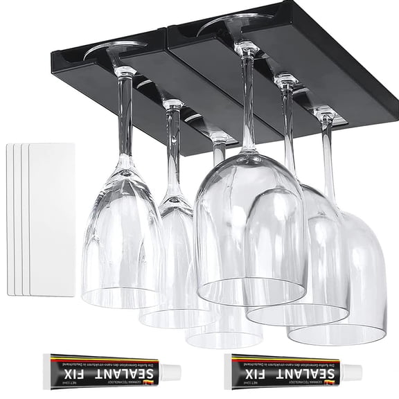 2 Pcs Wine Glass Rack, Wine Glass Holder Under Cabinet, Hanging Wine Glasses Rack, Punch-Free Plastic Wine Glass Rack For Kitchen Bar Restaurant (Black)