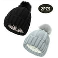 thumbnail image 1 of 2 Pcs Winter Pom Pom Beanie Hats for Women,Satin Lined Knitted Warm Cap for Outdoor(Black,Grey), 1 of 5