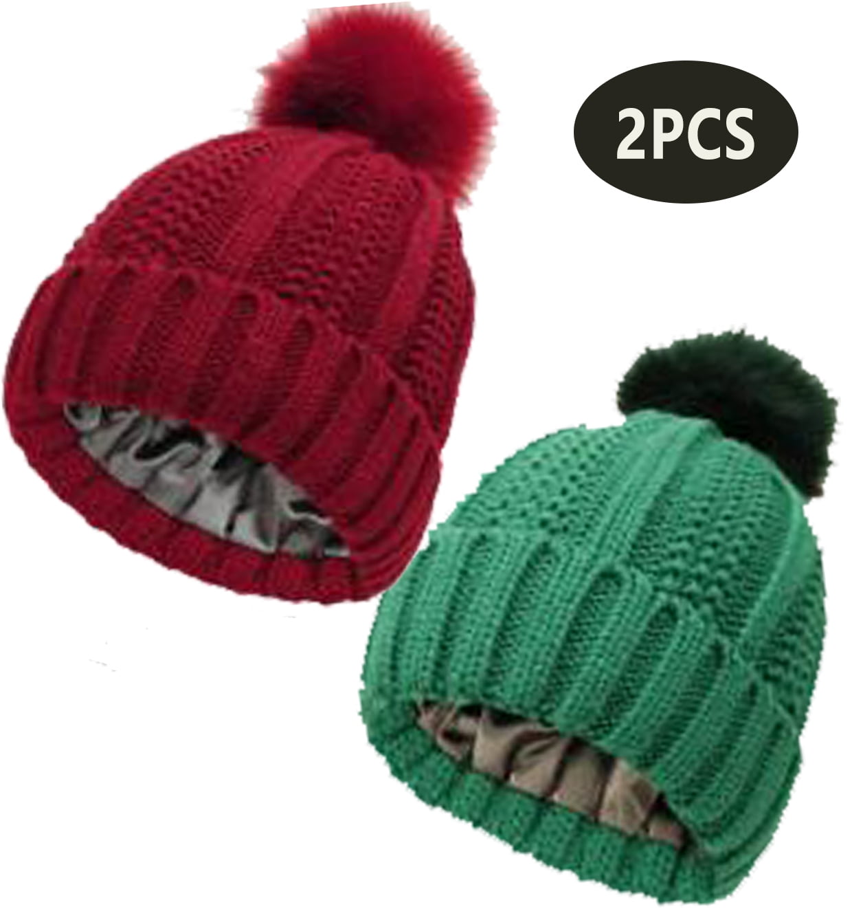 ?Women Dark Green Winter Pom Pom Beanie Hat with Warm Fleece Lined XL Coco Green Knit Beanie with Fur Pom Pom: FurHatWorld.com main image 3