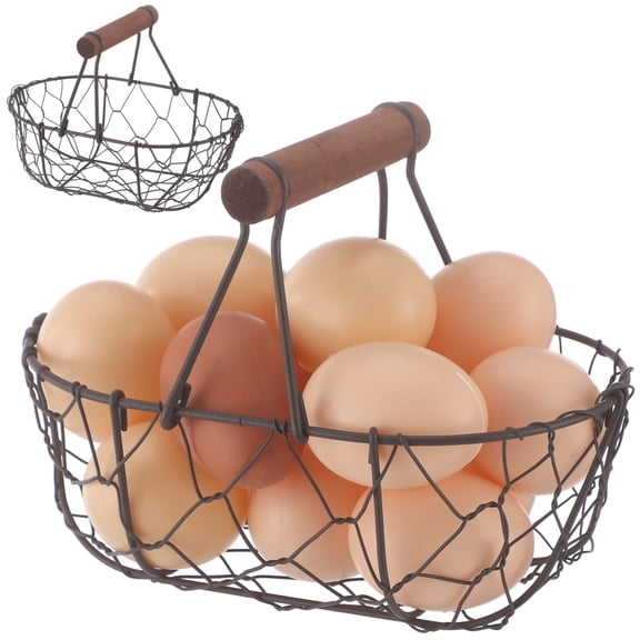 2 Pcs Wire Egg Baskets, Farmhouse Chicken Egg Collecting Baskets, Rustic Metal torages with Wooden Handle, Small Stackable Holders for Fruits, Vegetables, Sundries