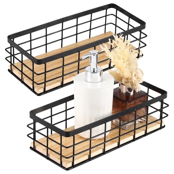 2 Pack Wire Storage Baskets with Wooden Bottom, Rustic Farmhouse Small Metal Bins for Kitchen Bathroom Counter Organization, Black 9.8x3.9x2.8 Inches
