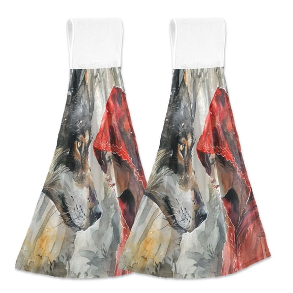 2 Pcs Wolf and Red Clothed Girl Kitchen Hand Towels with Hanging Loops Absorbent Soft Fast Drying Decor Bath Towels