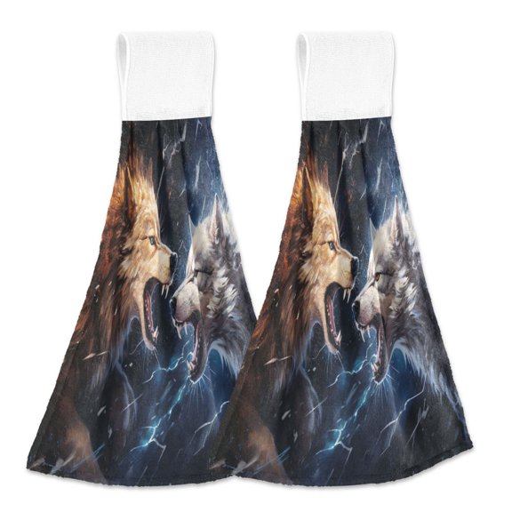 2 Pcs Wolfs with Battle Kitchen Hand Towels with Hanging Loops Absorbent Soft Fast Drying Decor Bath Towels