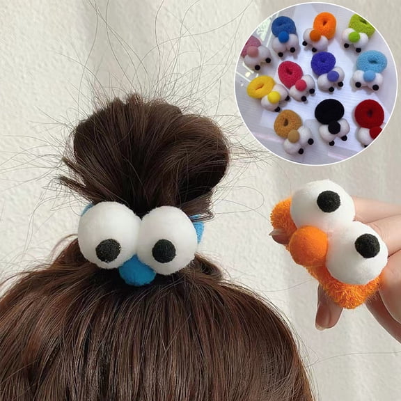 2 Pcs Women Cute Hair Ropes Cartoon Big Eyes Decor Thick High Elasticity Anti-slip Anti-break Candy Color Ponytail Holder Hair Band Hair Rings