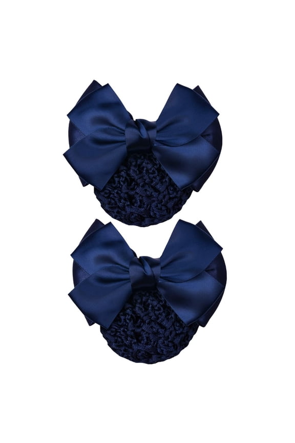 2 Pcs Women Pro Snood Net Bow Barrette Hair Clip Bun Cover Set Bowknot Decor - Blue