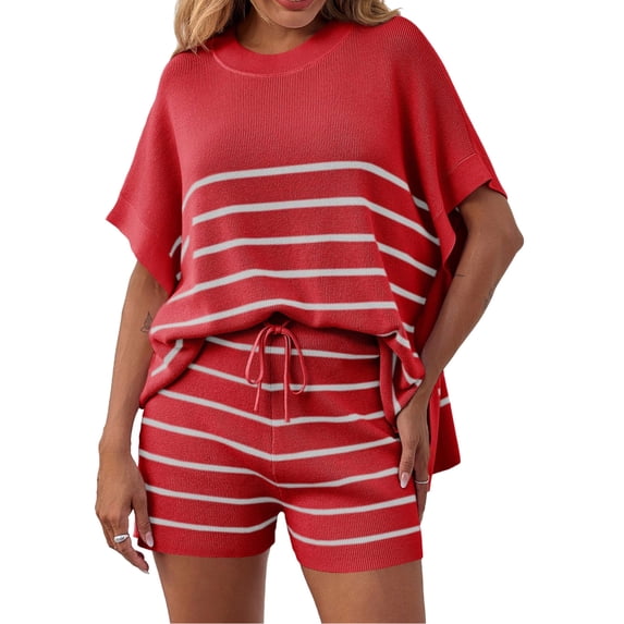 2 Pcs Women Striped Outfits Oversized Batwing Short Sleeve Tops High Waisted Shorts Summer Knit Lounge Short Sets