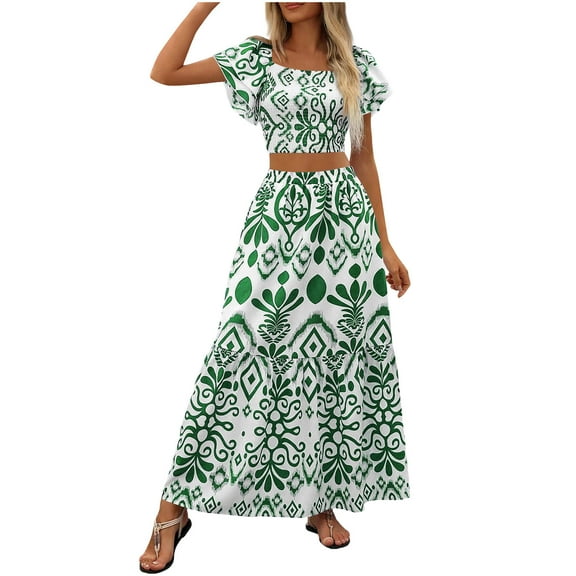 2 Pcs Women's Mini Dress Summer All Over Print Tie Side Blouse Top Dressess Ruffle Trim Skirt 2 Piece Outfit Light Breathable Sundress Bussiness Work Office Dressess