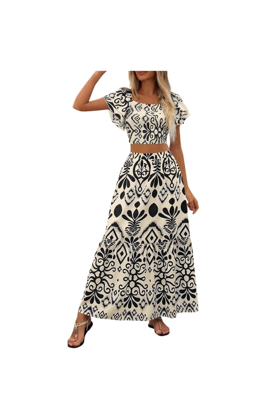 2 Pcs Women's Mini Dress Summer All Over Print Tie Side Blouse Top Dressess Ruffle Trim Skirt 2 Piece Outfit Light Breathable Sundress Bussiness Work Office Dressess