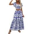 thumbnail image 1 of 2 Pcs Women's Mini Dress Summer All Over Print Tie Side Blouse Top Dressess Ruffle Trim Skirt 2 Piece Outfit Light Breathable Sundress Bussiness Work Office Dressess, 1 of 7