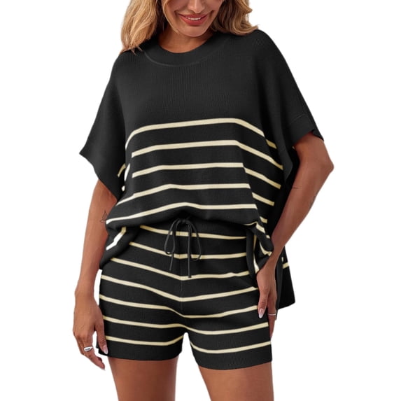 2 Pcs Women Striped Outfits Oversized Batwing Short Sleeve Tops High Waisted Shorts Summer Knit Lounge Short Sets