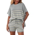 thumbnail image 1 of 2 Pcs Women Striped Outfits Oversized Batwing Short Sleeve Tops High Waisted Shorts Summer Knit Lounge Short Sets, 1 of 6