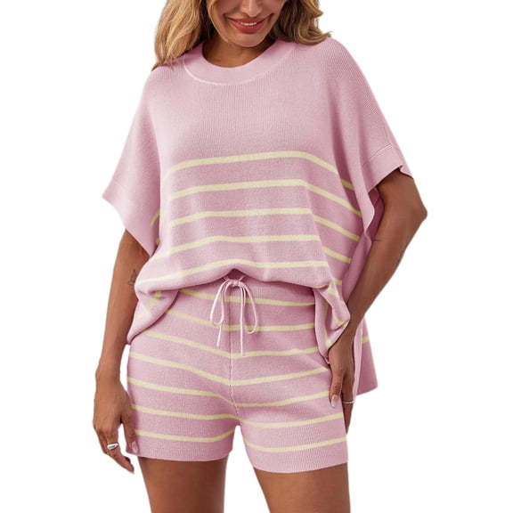 2 Pcs Women's Striped Outfits Oversized Batwing Short Sleeve Tops High Waisted Shorts Summer Knit Lounge Short Sets