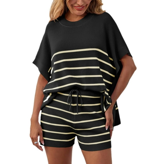 2 Pcs Women's Striped Outfits Oversized Batwing Short Sleeve Tops High Waisted Shorts Summer Knit Lounge Short Sets