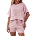 thumbnail image 1 of 2 Pcs Women Striped Outfits Oversized Batwing Short Sleeve Tops High Waisted Shorts Summer Knit Lounge Short Sets, 1 of 7