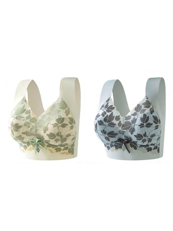 2 Pcs Womens Lace Pull-On Bras Plus Size Full Coverage Everyday Bras Leaves Embroidered Push-Up Wireless Bralettes Multicolor, 38BC