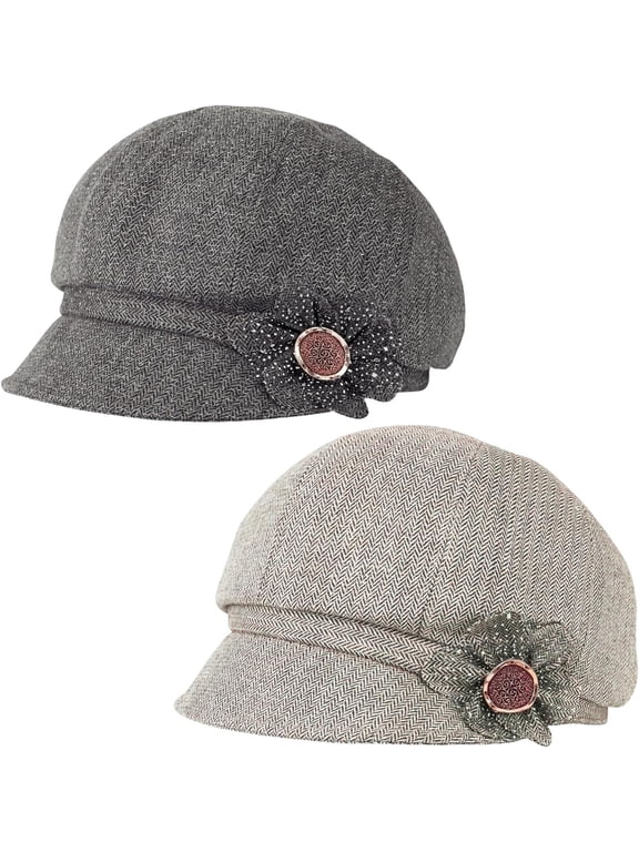 2 Pcs Womens Newsboy Cap Women Retro Classic Visor Newsboy Cabbie Cap Beret Hats with Flower Buckle