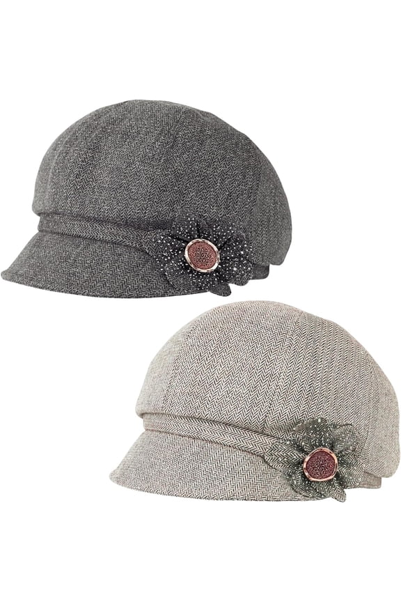 2 Pcs Womens Newsboy Cap Women Retro Classic Visor Newsboy Cabbie Cap Beret Hats with Flower Buckle