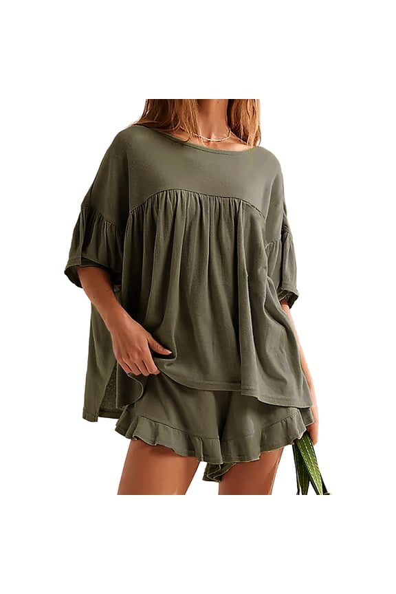 Short Sleeve Ruffle Patchwork Women Lounge Matching Set 2 Piece Sets Shirt and Shorts