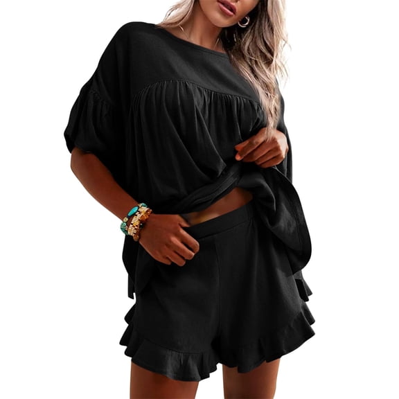 Short Sleeve Ruffle Patchwork Women Lounge Matching Set 2 Piece Sets Shirt and Shorts