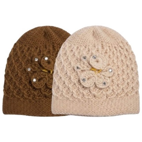 2 Pcs, Womens Wool Knitted Crochet Beanie Hat with Flower for Cold Weather Protection - One Size fits Most.