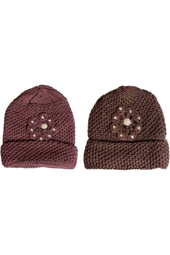 2 Pcs, Womens Wool Knitted Crochet Slouchy Beanie Hat with Flower for Cold Weather Protection.