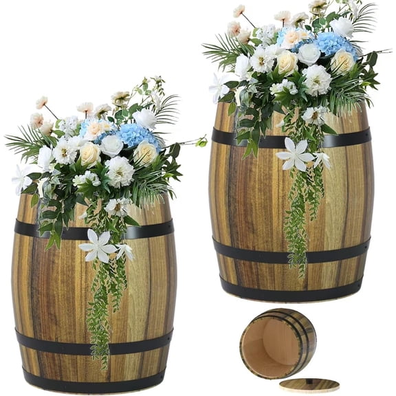 2 Pcs Wood Barrel Vases 8.3" x 6.9", Rustic Flower Stand with Lid, Vintage Flower Vase Planter for Centerpiece Table Decorations, Weddings, Engagements, Garden, Home Party Decor