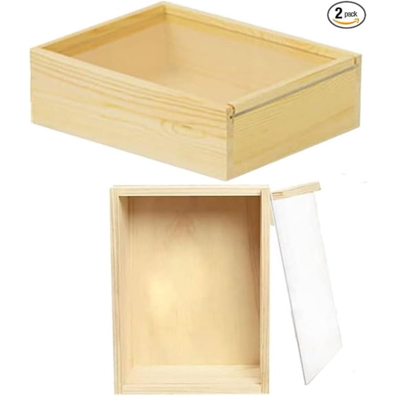 2 Pcs Wood Boxes for Crafts, 7.9 x 5.9 x 2.7 Inch Large Wooden Storage Boxes, Unfinished Wood Box,Wooden Display Box with Sliding Transparency Lid