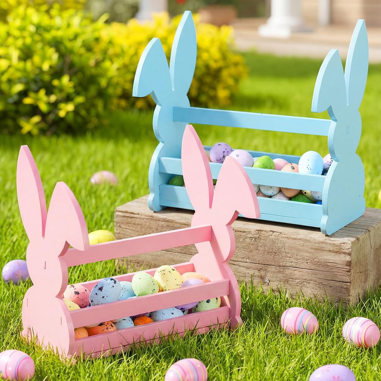 2 Pcs Wood Bunny Easter Baskets with Handle, Cute Easter Rabbit Candy Eggs Basket Empty Hunt Container Storage for Gifts, Pink and Blue