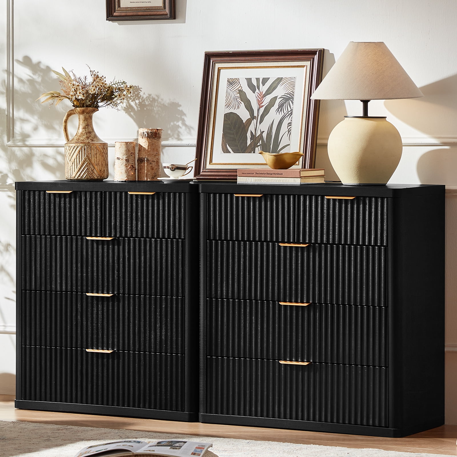 2 Pcs Wood Dresser, 5 Fluted Drawer Dresser for Bedroom, Modern Chest of Drawers with Deep Drawers for Living Room, Hallway, Entryway, Black