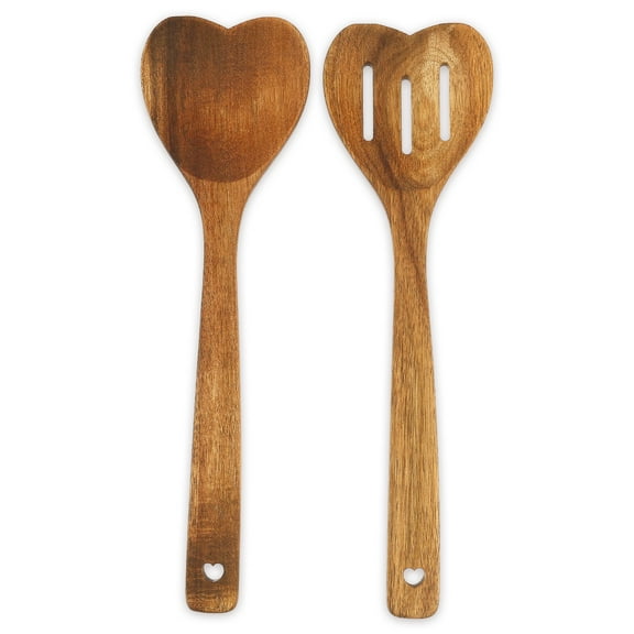 2 Pcs Wood Heart Shape Spoon Multipurpose Wood Spoon Set with Long Handle and Hanging Holes Practical Kitchen Accessories for Cooking Mixing Stirring