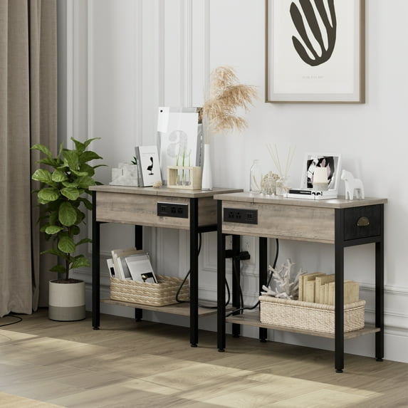 2 Pcs Wood Narrow End Table with Charging Station, Side Table Nightstand with USB Ports & Outlets