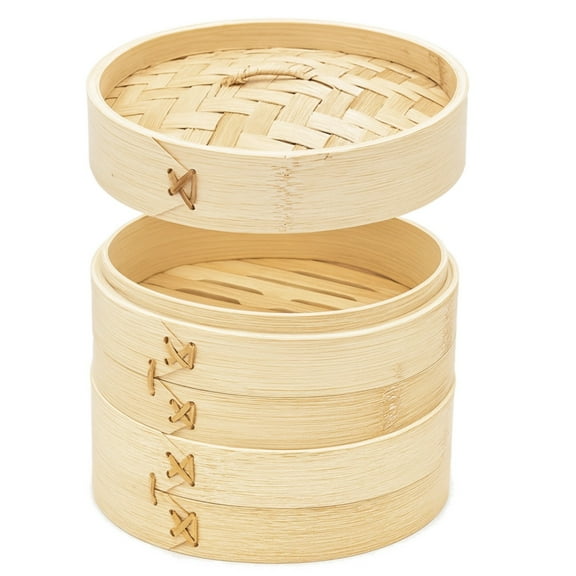 2 Pcs Wood Steamer Baskets for Commercial, 7.1 in/18 cm Stackable Food Steaming Set, X-Reinforced Design, Natural Cooking Steamer with Lid, for Healthy Home Kitchen Meals