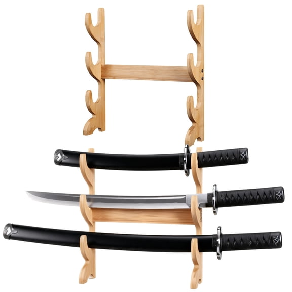 2 Pack Natural Wood Katana Sword Holder – 3-Tier Display Rack, Wall-Mountable or Freestanding, Protective U-Shaped Grooves for Collection Display