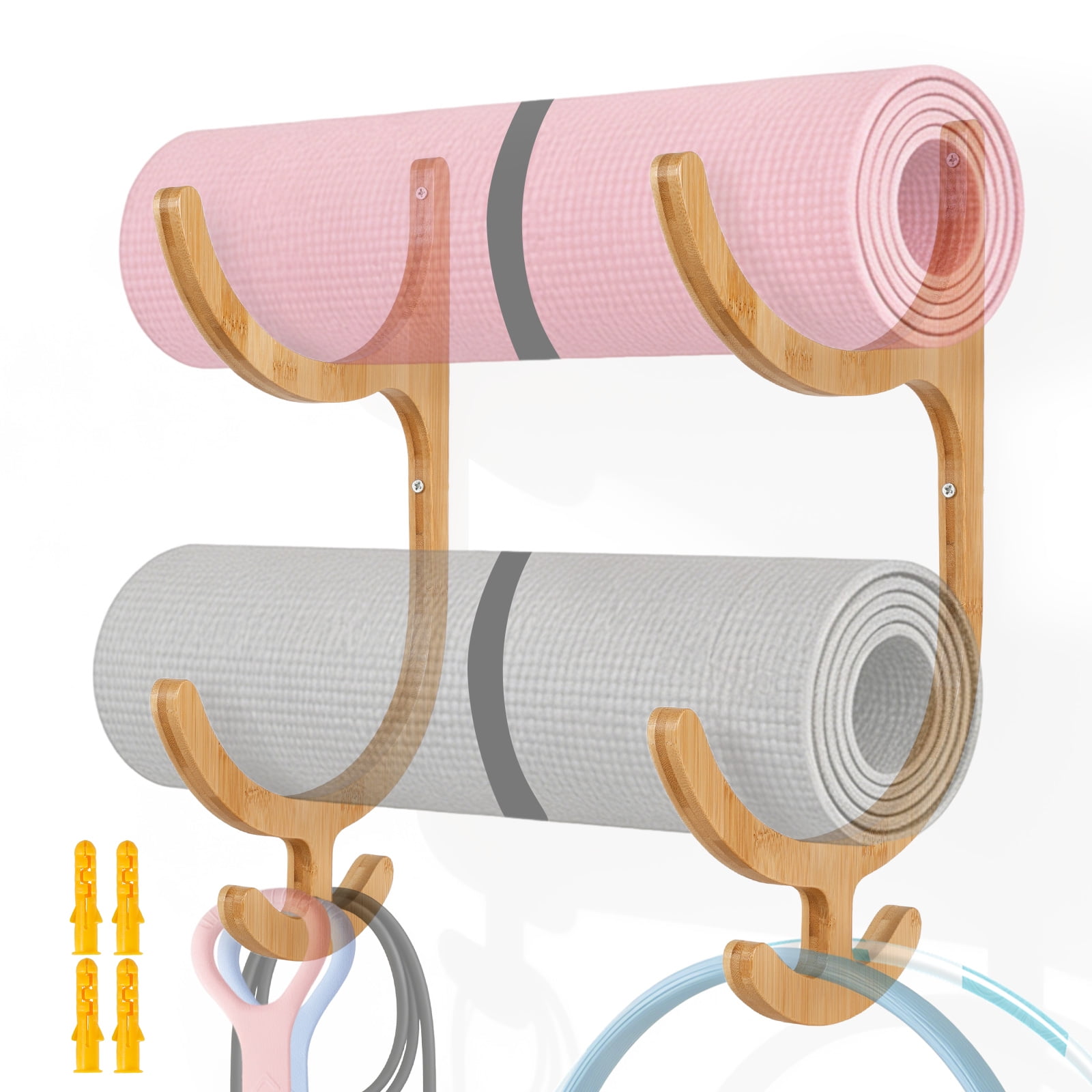 2 Pcs Wood Yoga Mat Holder Wall Mount Yoga Mat Storage Rack Home Gym Equipment Storage Organizer Wall Mount Home Gym Accessories Workout Equipment Organizer