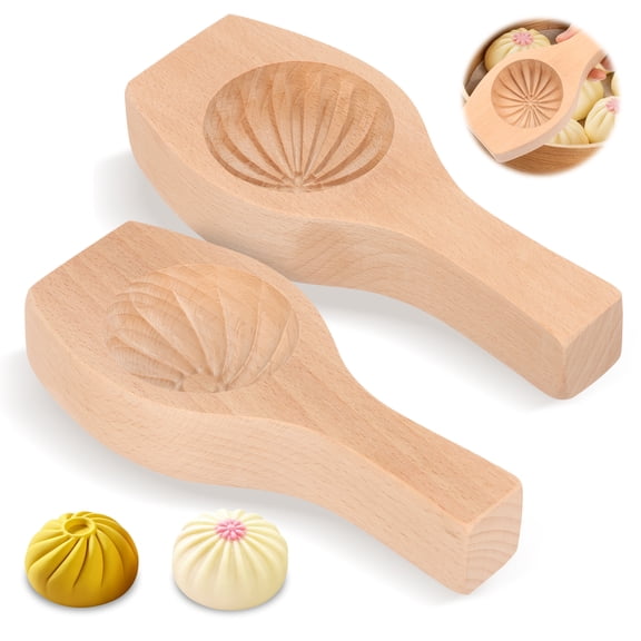 2 Pcs Wooden Bao Bun Maker Baozi Maker Wooden Steam Bun Mold This Kitchen Appliance And Gadget Is the Best Present for Asian Food Enthusiast (Ordinary + Flower)