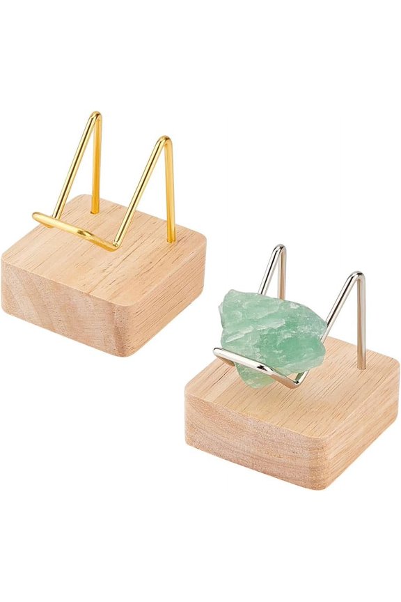 2 Pcs Wooden Base Stone Display Stand 2x2x2.3 inch Gold Platinum Metal Arm Display Stand Mineral Specimens Display Easel Holder for Rare Stones Gemstones Agates Rocks Ball Colorful